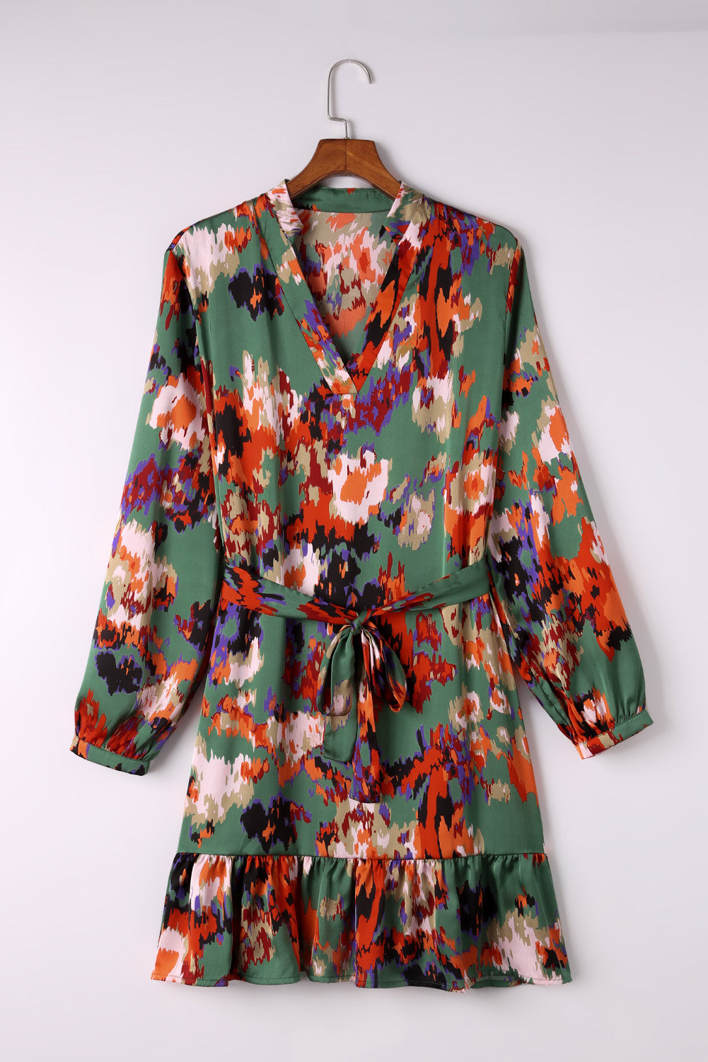 Abstract Print Waist Belted Flounce Hem Split V Neck Long Sleeve Dress