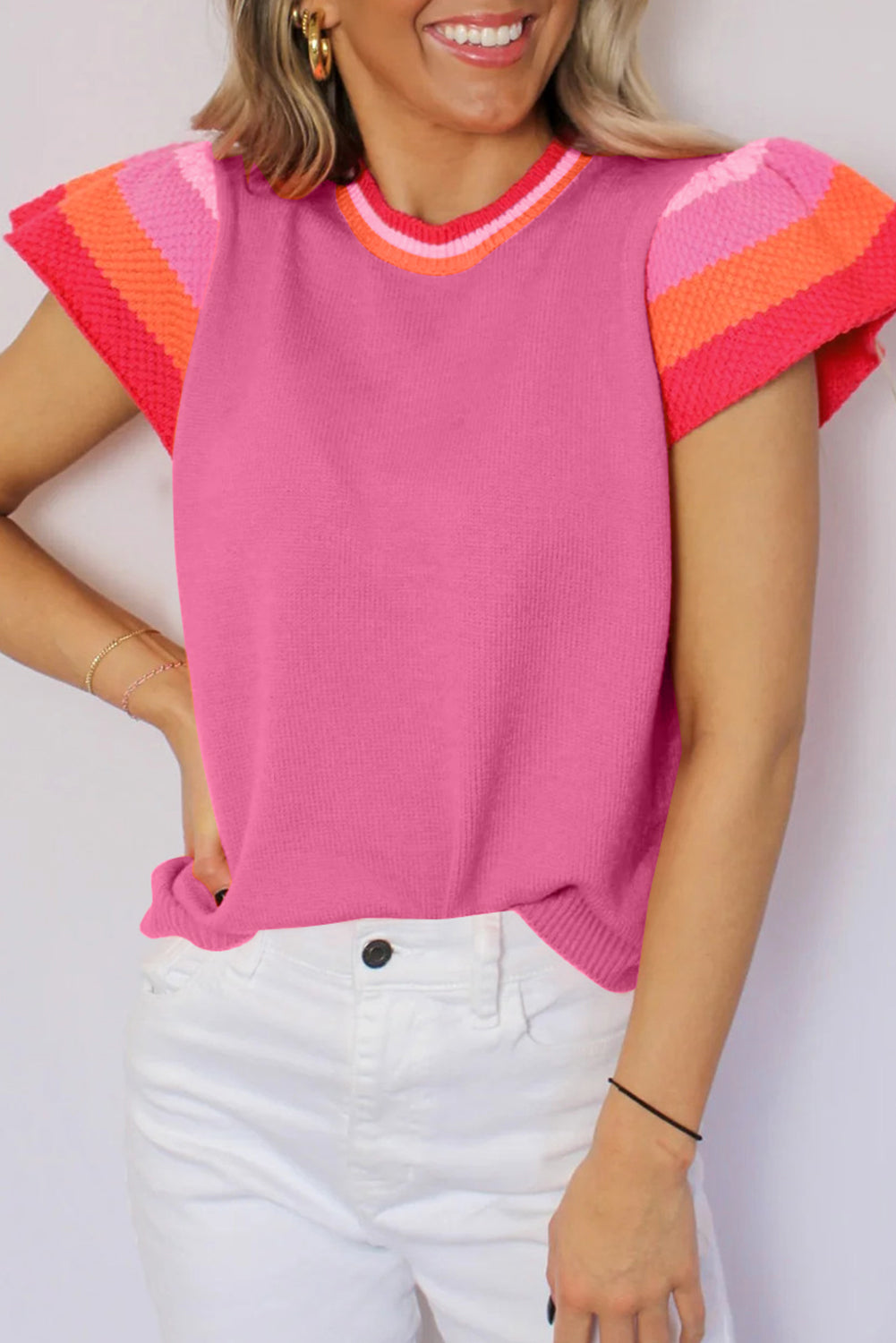 Bright Pink Contrast Sleeve Striped Round Neck Knitted Tee