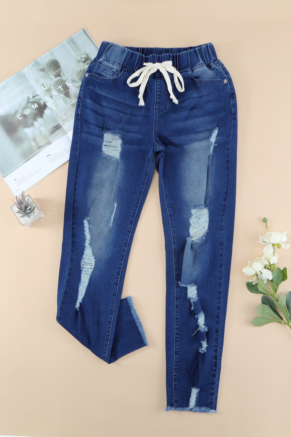 Dark Blue Casual Hole Drawstring Elastic Waist Jeans