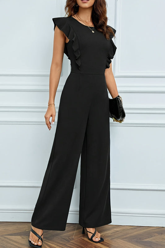 Black Solid Color Ruffle Sleeveless Round Neck Jumpsuit