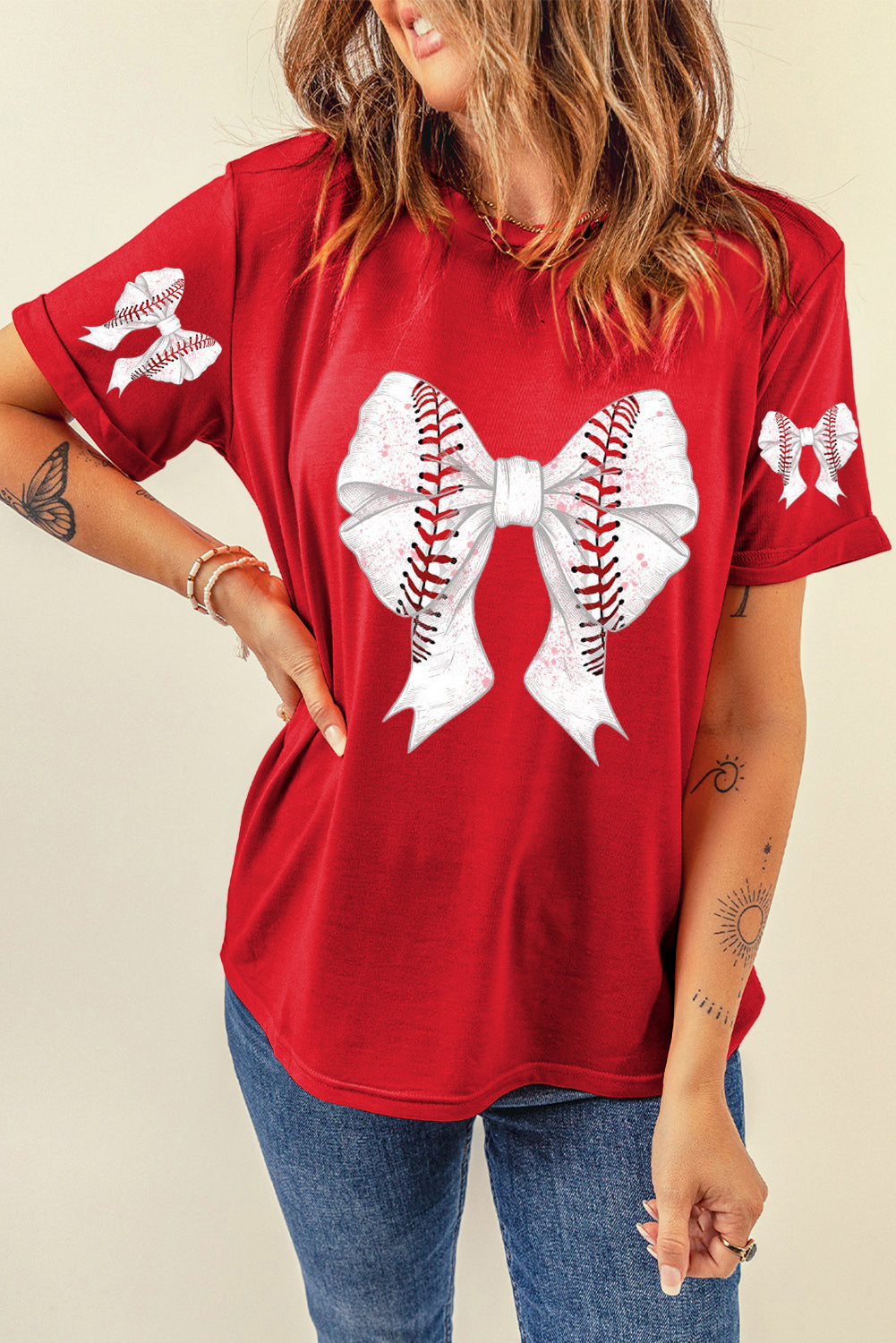 Black Casual Bow Tie Print Baseball Graphic Tee