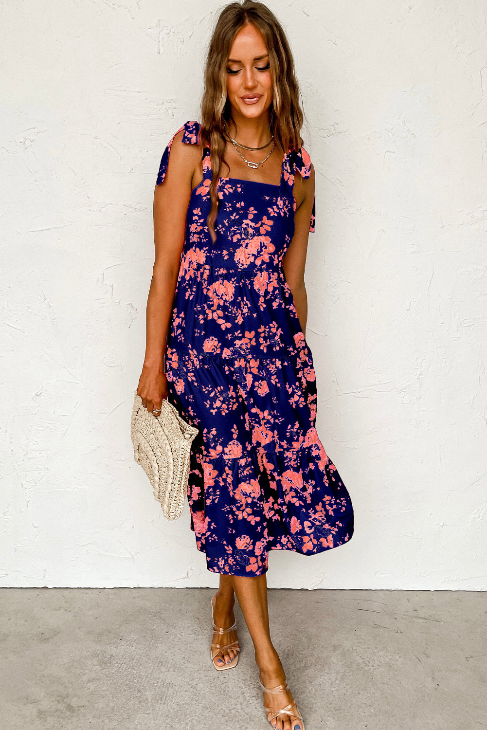 Blue Tie Straps Smocked Tiered Floral Dress