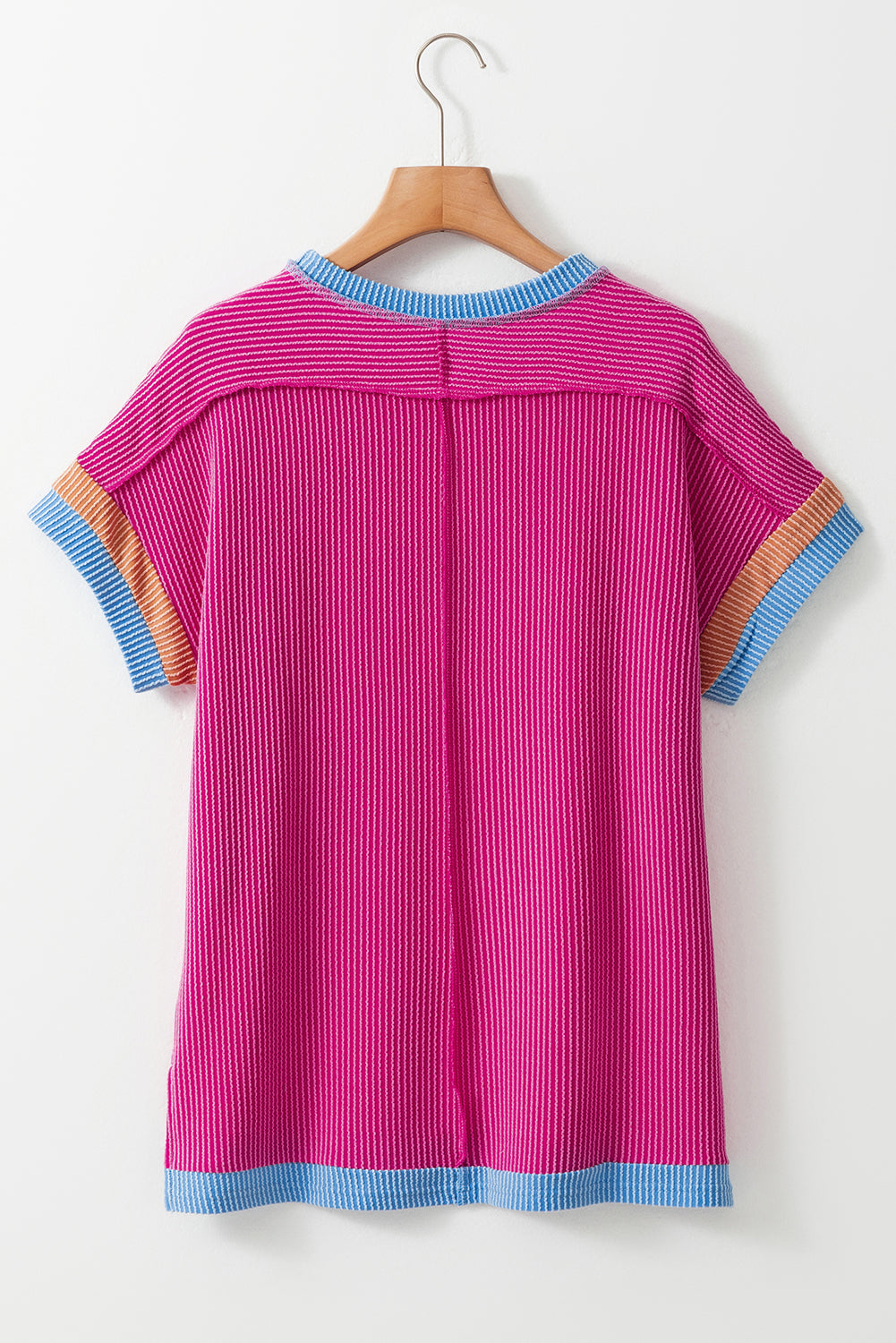 Bright Pink Textured Contrast Color Round Neck T Shirt