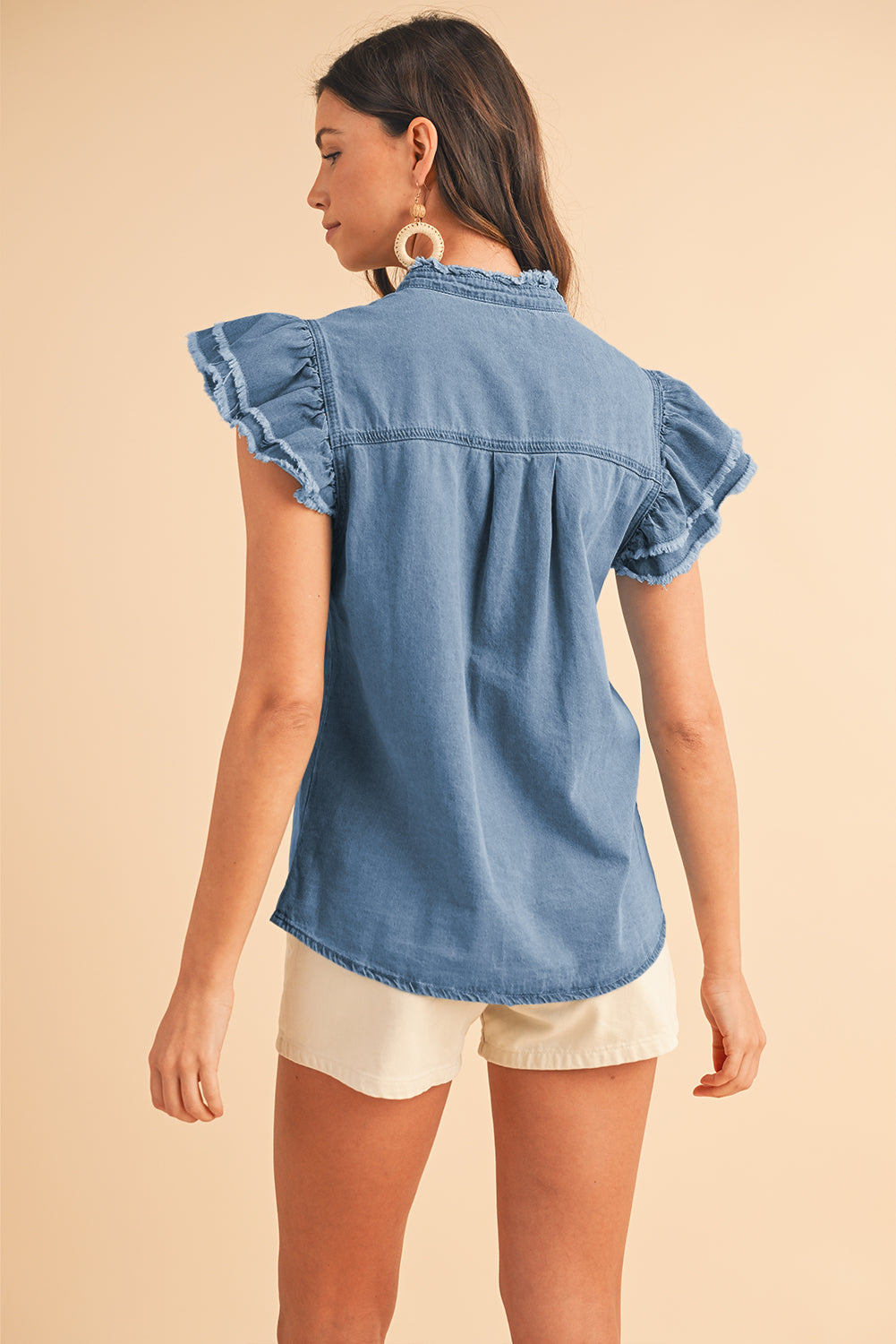 Beau Blue Button Front Ruffled Flutter Frayed Denim Top