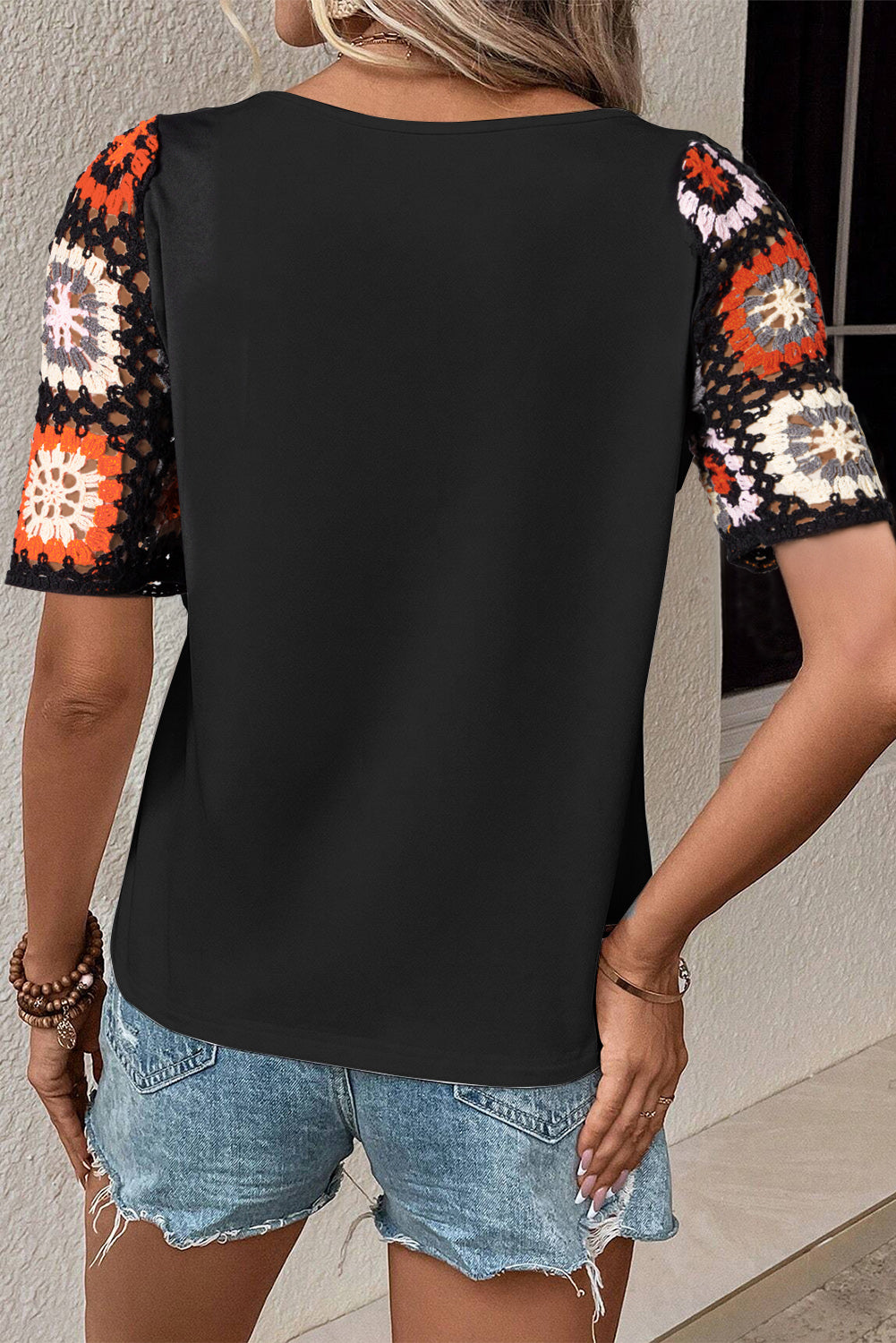 Black Floral Hollowed Crochet Sleeve Boho T Shirt