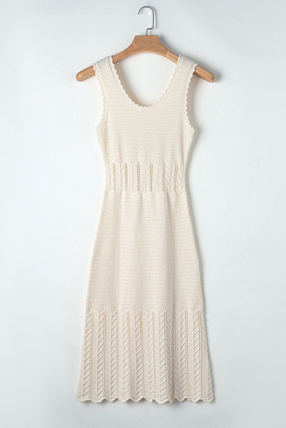 Beige Mix Texture Knitted Ruffle Hem Sleeveless Midi Dress