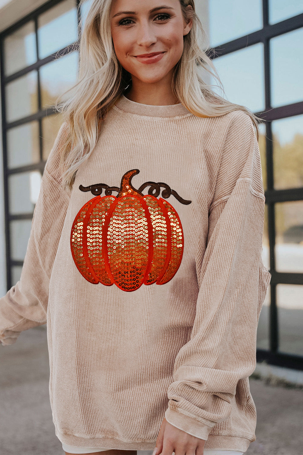 Apricot Crinkle Ribbed Halloween Sequin Pumpkin Graphic Sweatshirt