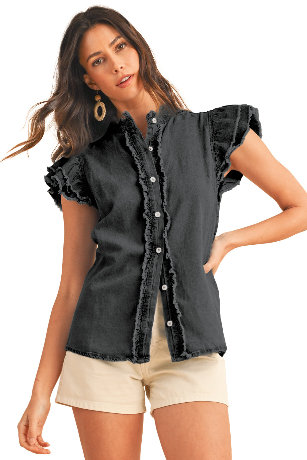 Beau Blue Button Front Ruffled Flutter Frayed Denim Top