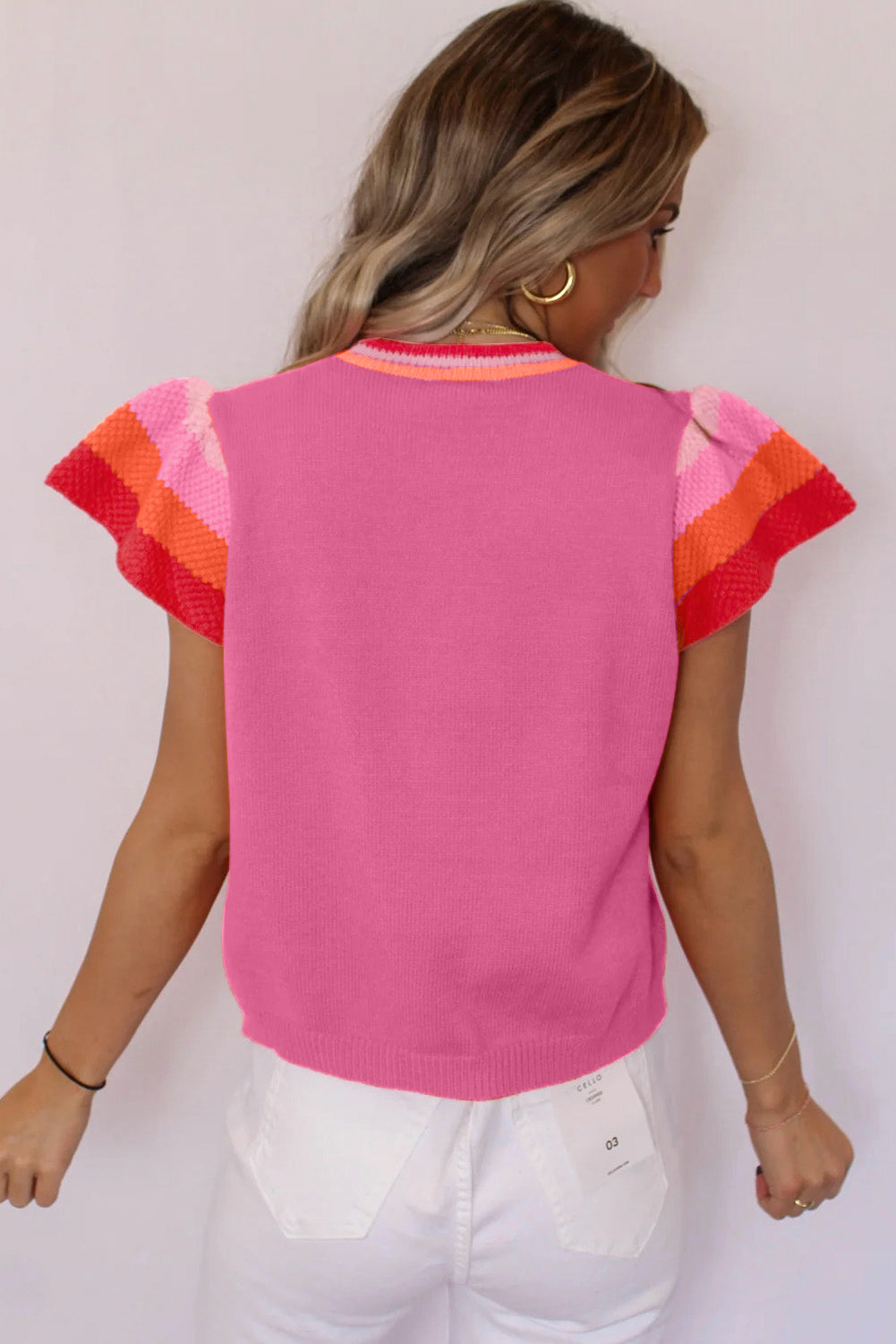 Bright Pink Contrast Sleeve Striped Round Neck Knitted Tee