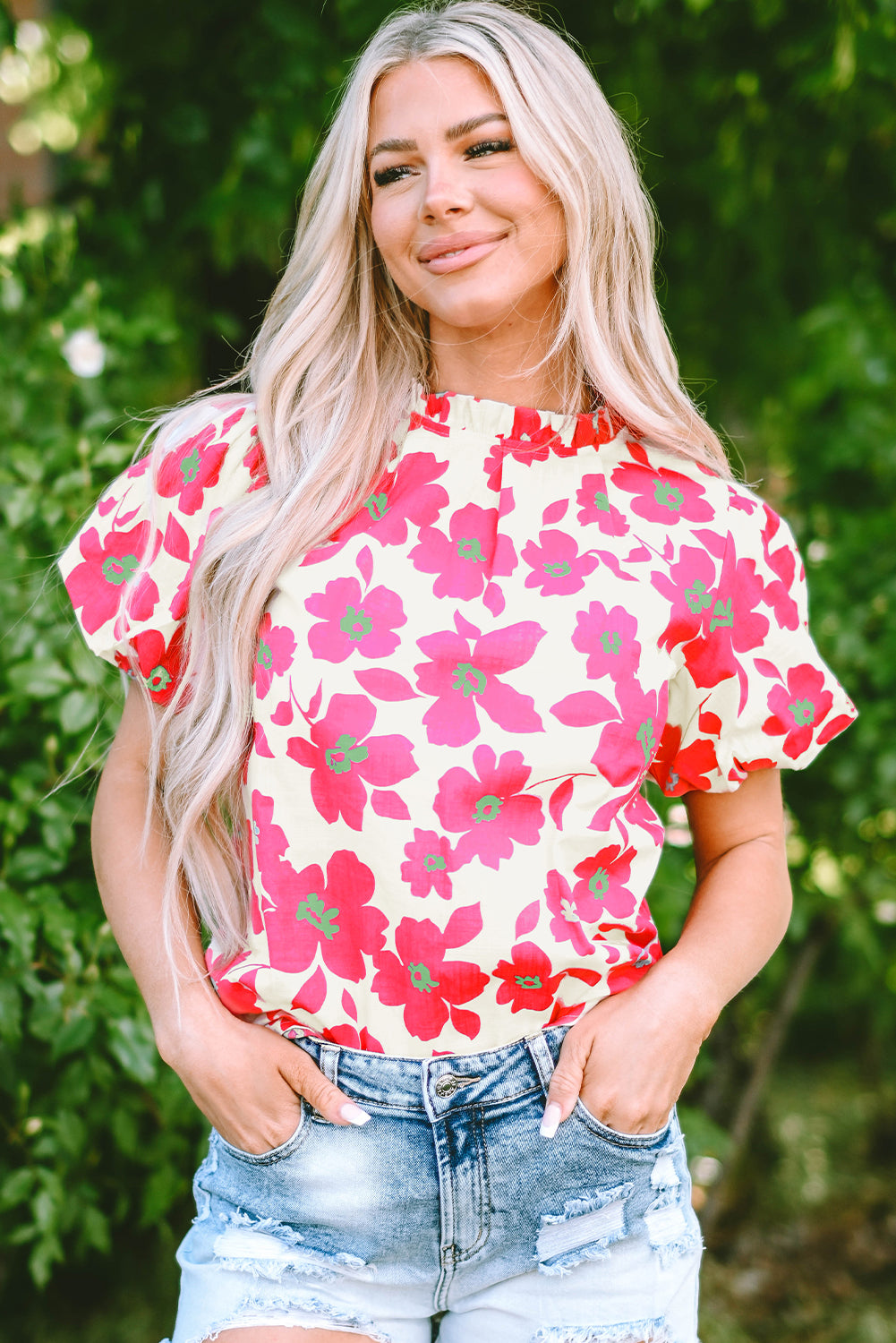 Beige Puff Sleeve Frill Neckline Floral Blouse