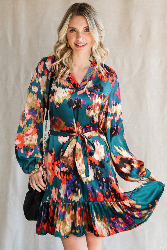 Abstract Print Waist Belted Flounce Hem Split V Neck Long Sleeve Dress