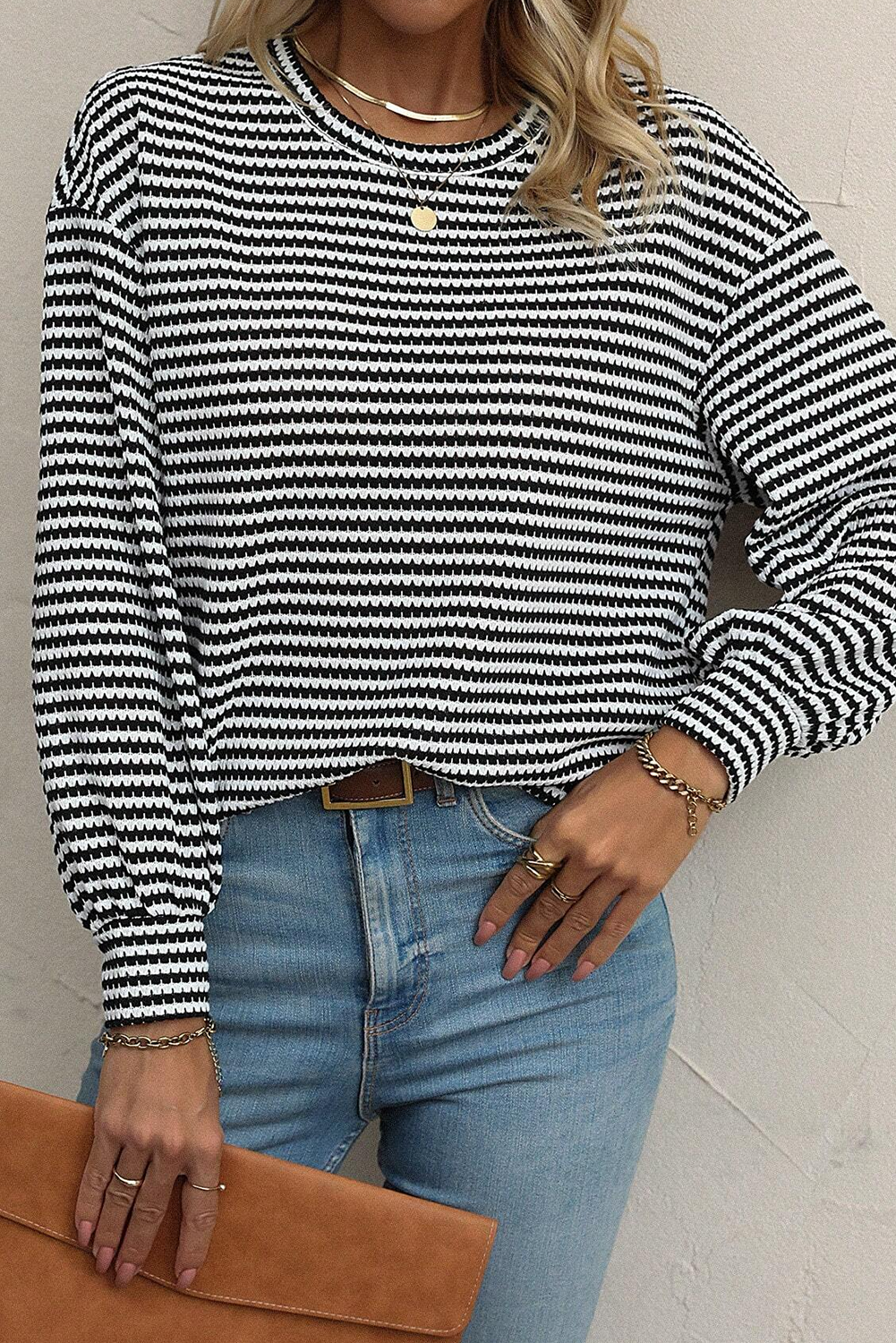 Black Striped Round Neck Drop Shoulder Long Sleeve Top