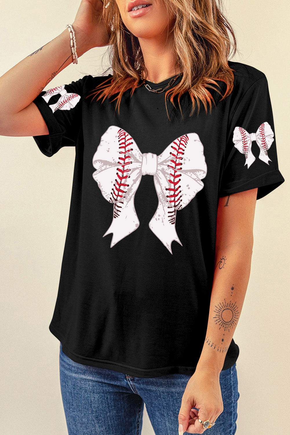 Black Casual Bow Tie Print Baseball Graphic Tee