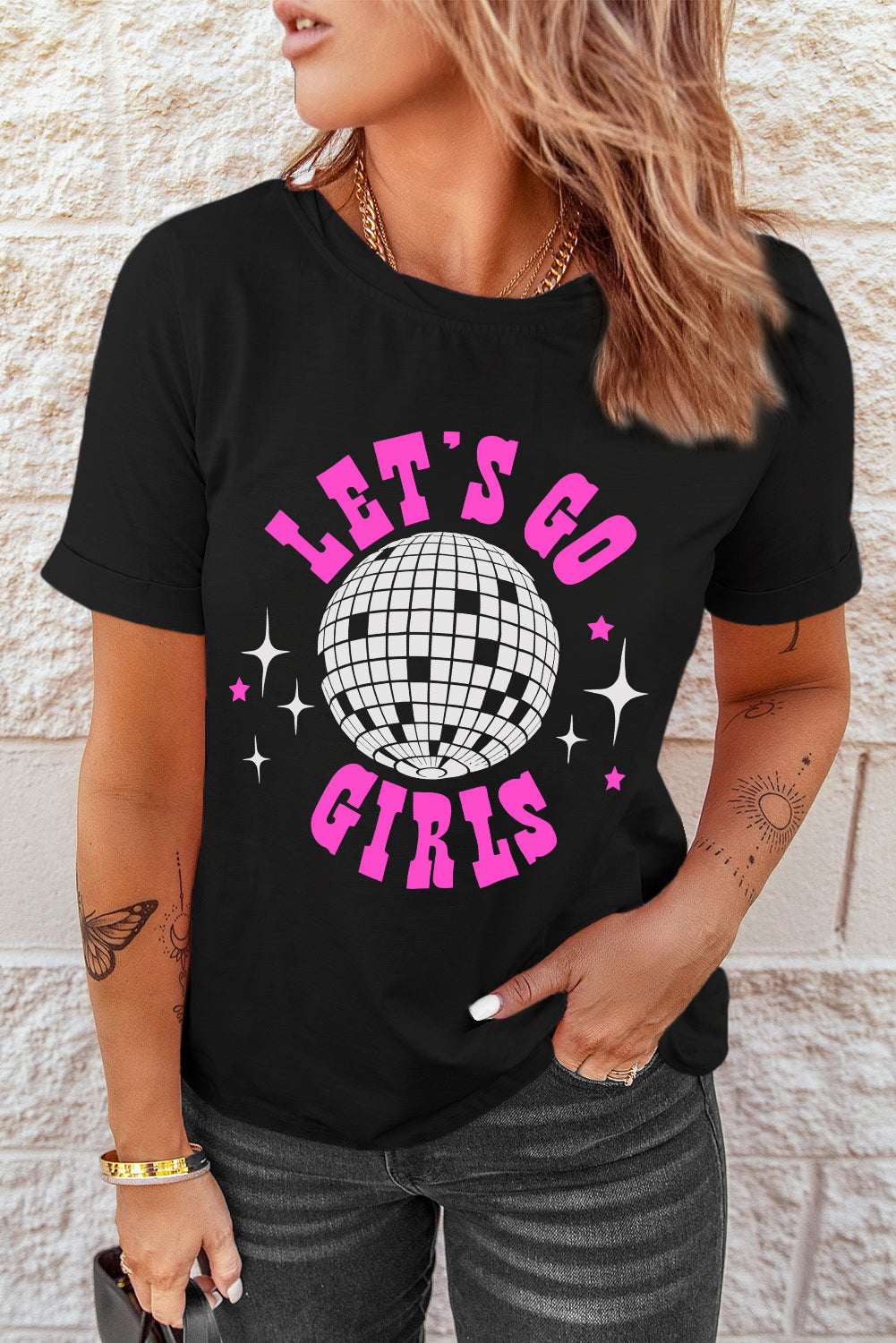 Black Lets Go Girls Disco Casual Graphic Tee