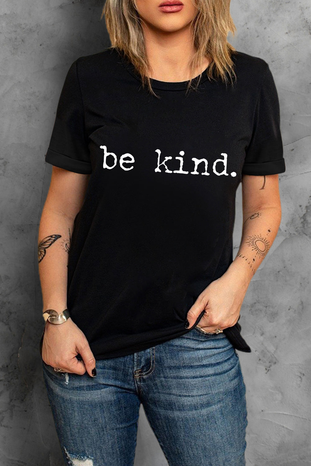 Black Casual be kind Letter Graphic Round Neck T Shirt