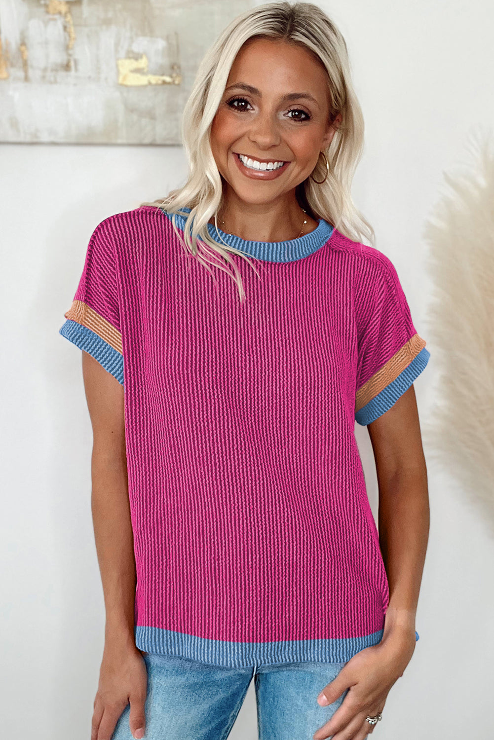 Bright Pink Textured Contrast Color Round Neck T Shirt