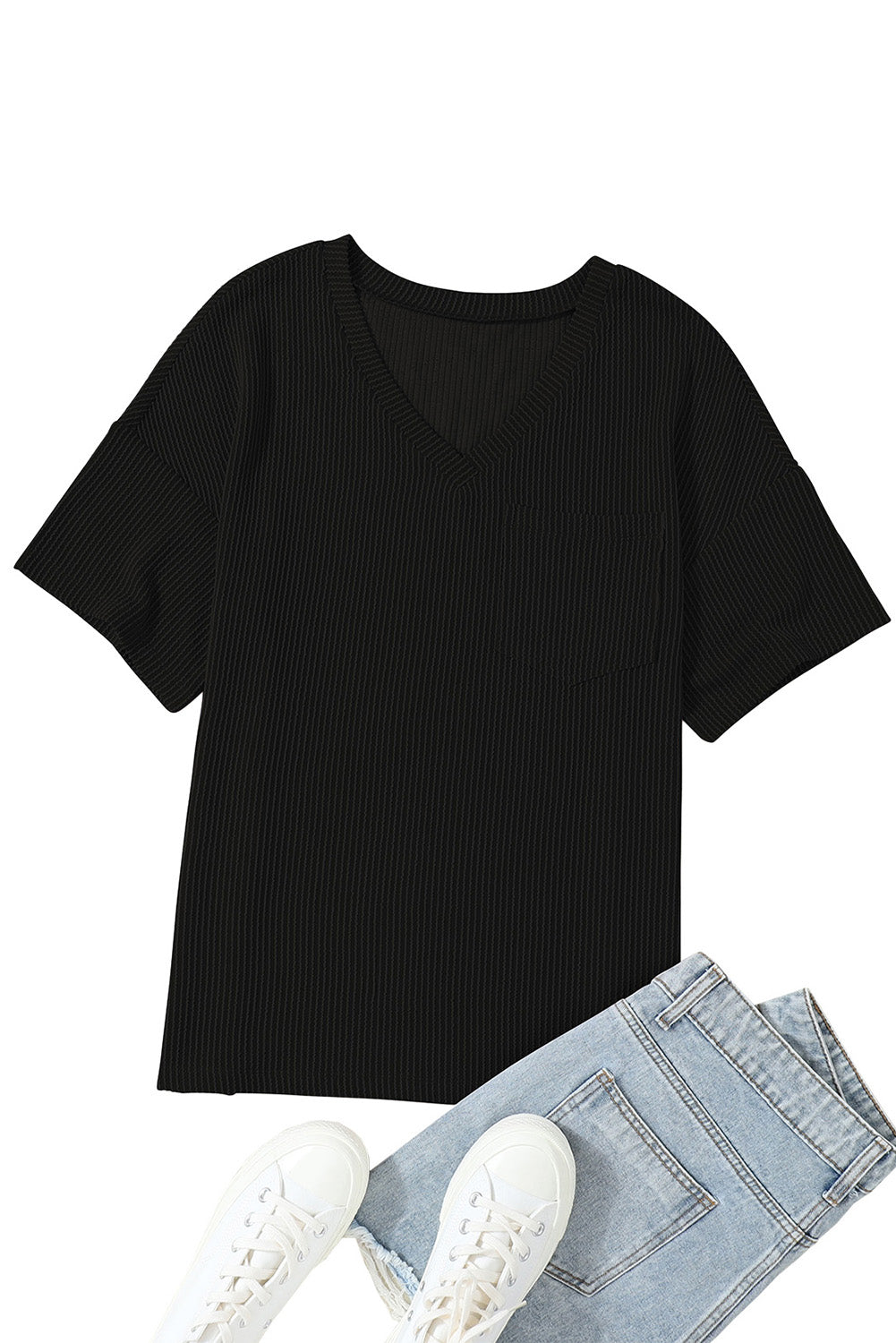 Black Ribbed V Neck Pocket Drop Sleeve T-Shirt