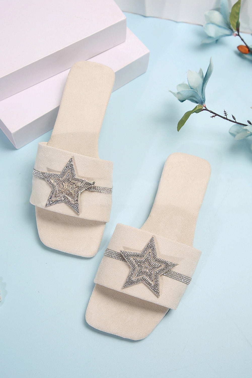 Beige Rhinestone Star Square Toe Slides Shoes