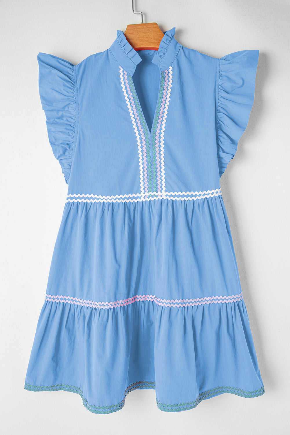 Beau Blue Flutter Sleeve V Neck Ric Rac Tiered Dress