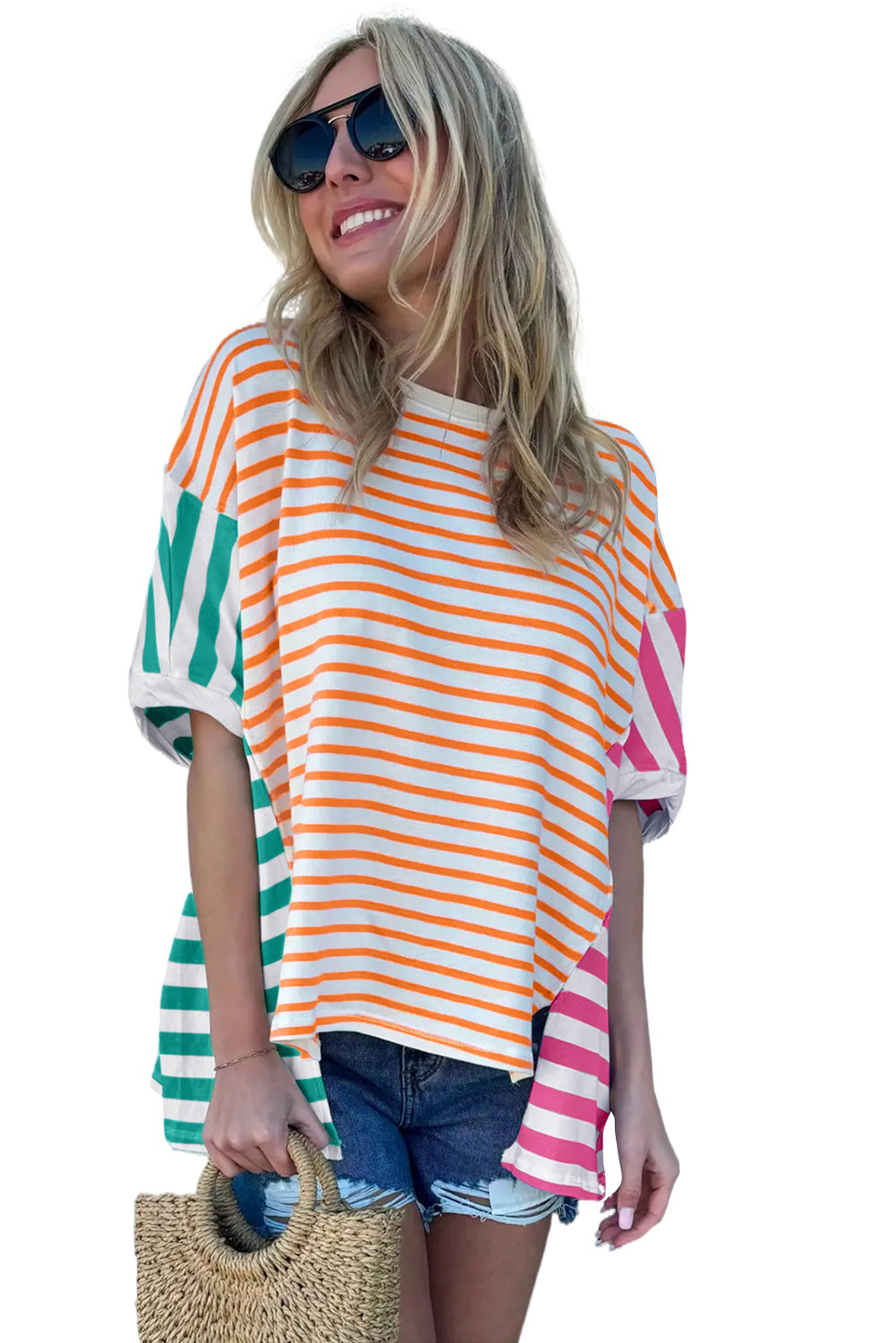 Blue Stripe Patchwork Slits Baggy T Shirt