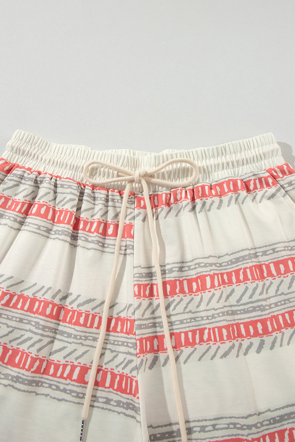 Beige Striped Print Dolman Top & Drawstring Shorts Set