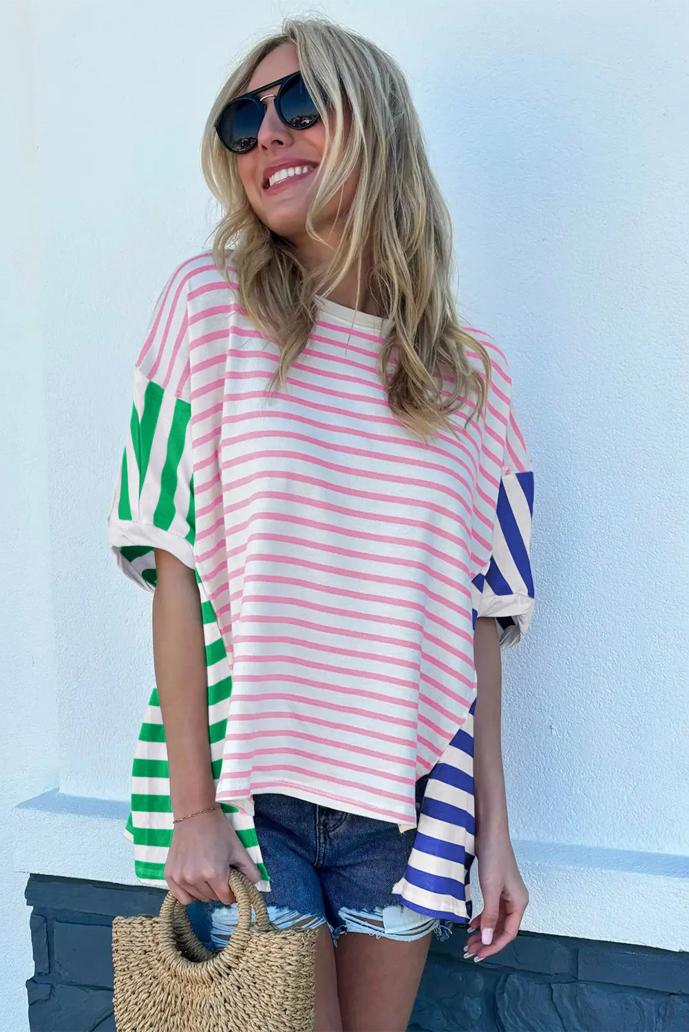 Blue Stripe Patchwork Slits Baggy T Shirt