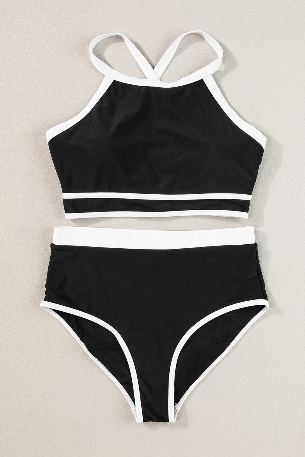 Black Contrast Trim Crisscross Back High Waist Bikini Set