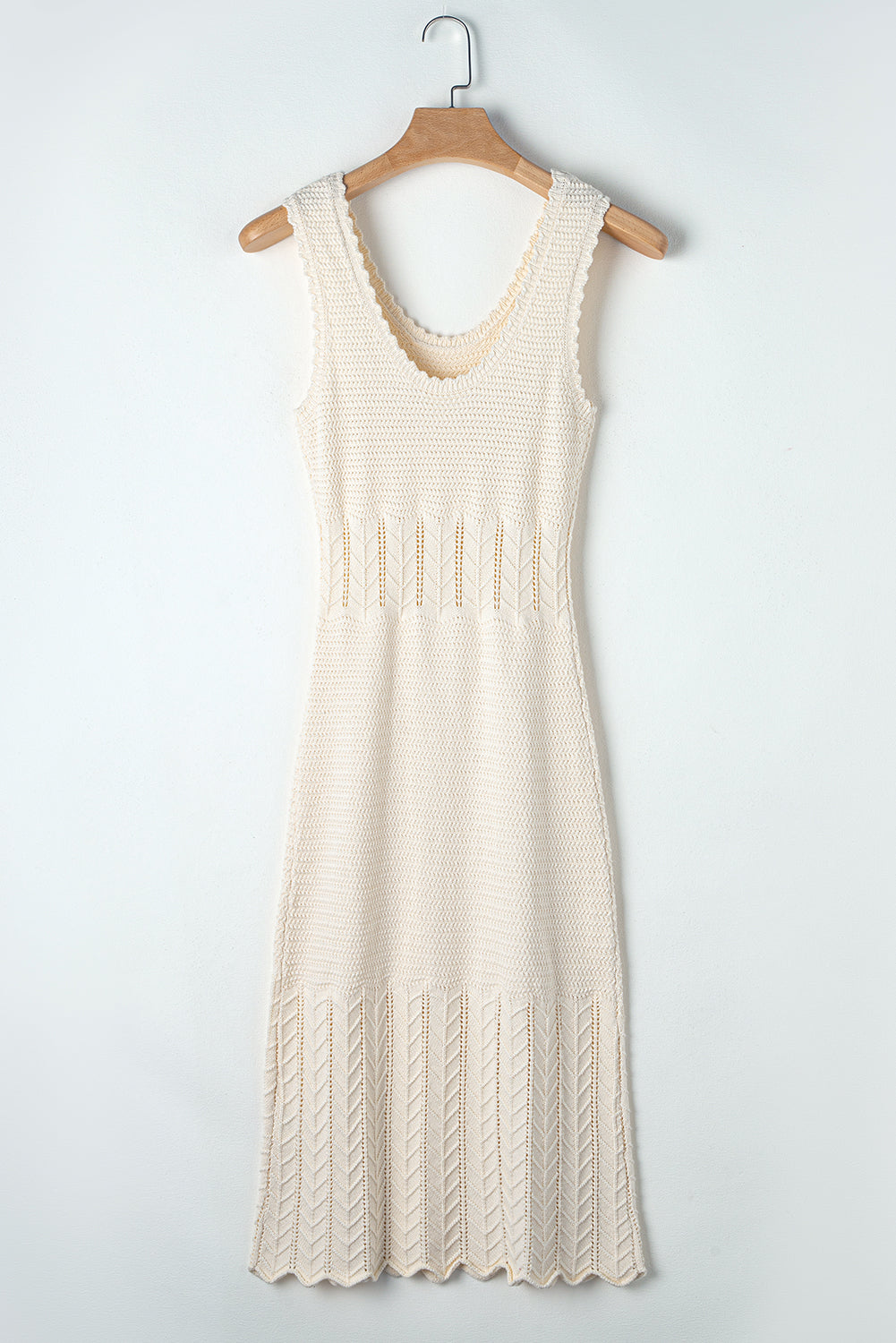 Beige Mix Texture Knitted Ruffle Hem Sleeveless Midi Dress