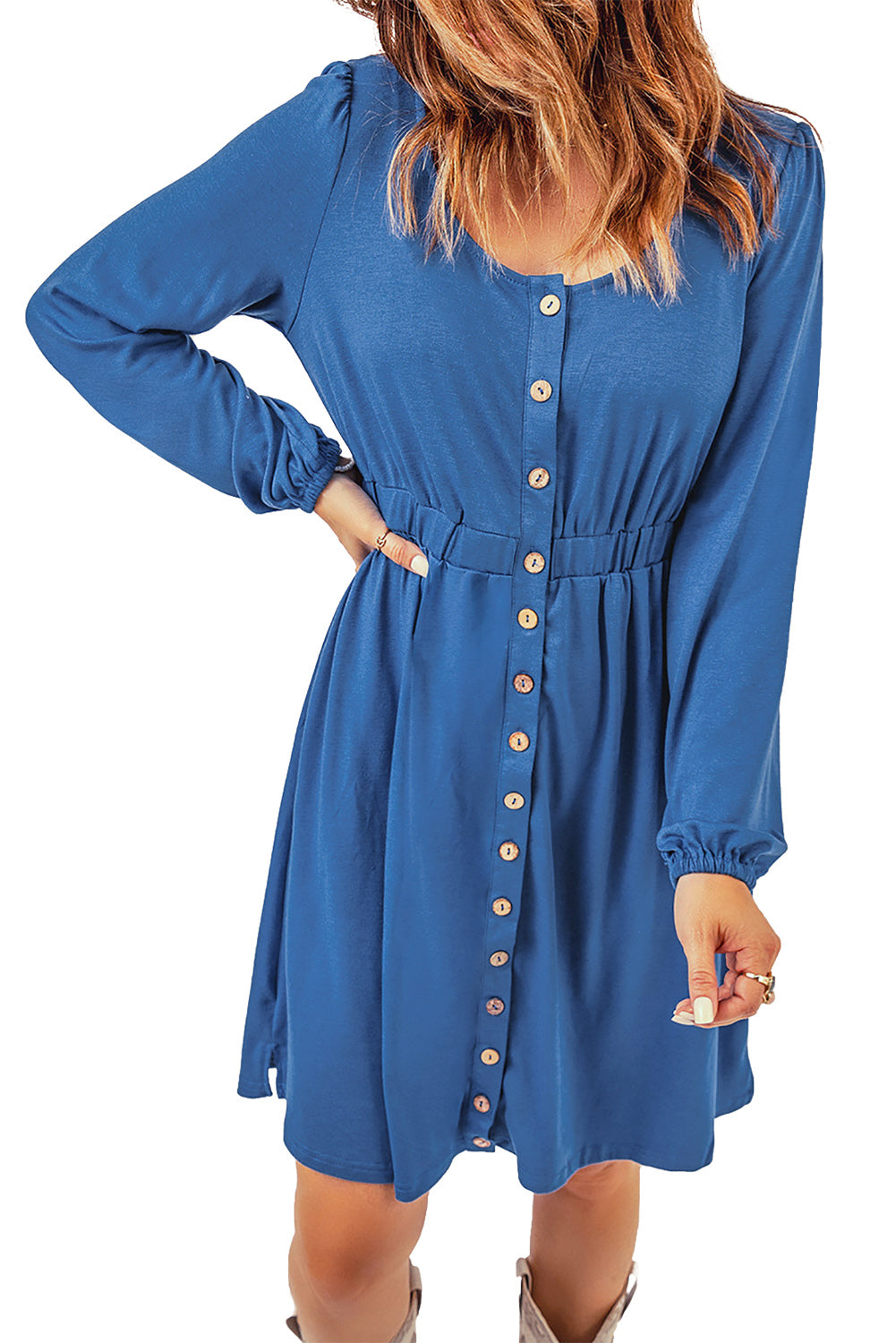 Dark Blue Casual Buttons Up Ruched Waist Short Dress