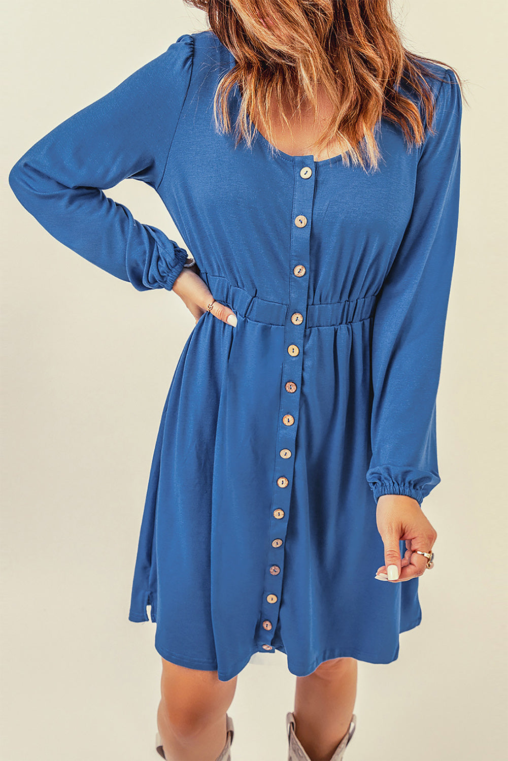 Dark Blue Casual Buttons Up Ruched Waist Short Dress