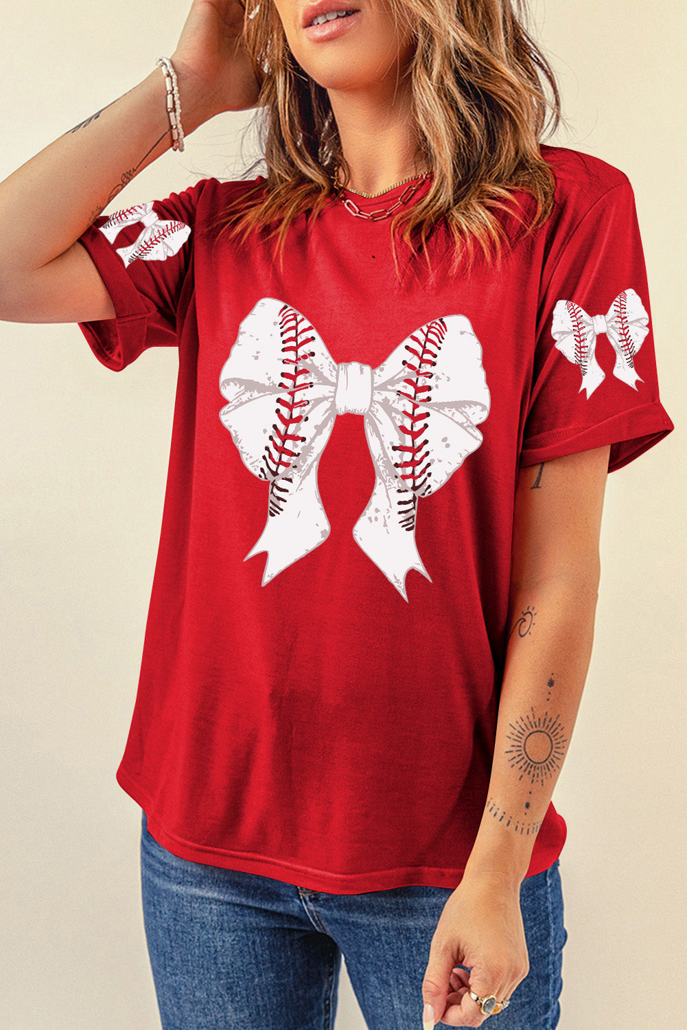 Black Casual Bow Tie Print Baseball Graphic Tee