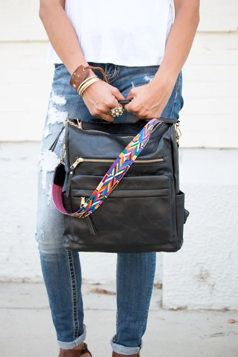 Black Geometric Crochet Strap PU Leather Large Backpack