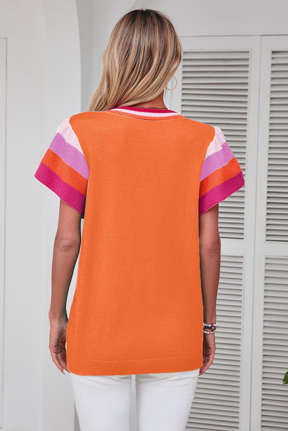 Bright Pink Contrast Sleeve Striped Round Neck Knitted Tee