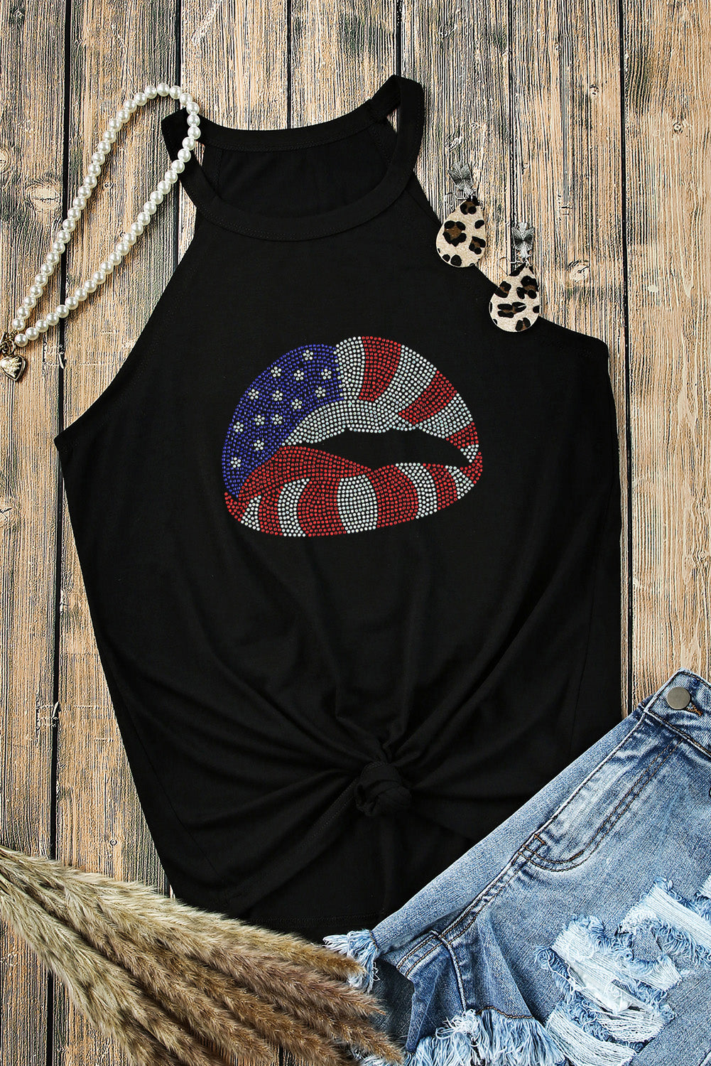 Black Rhinestone American Flag Lip Shape Graphic Tank Top