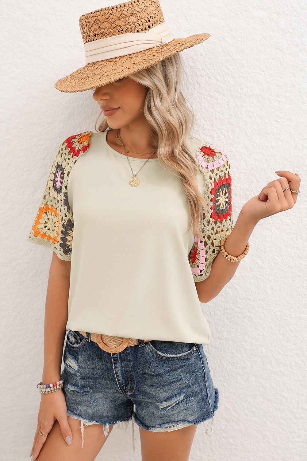 Black Floral Hollowed Crochet Sleeve Boho T Shirt