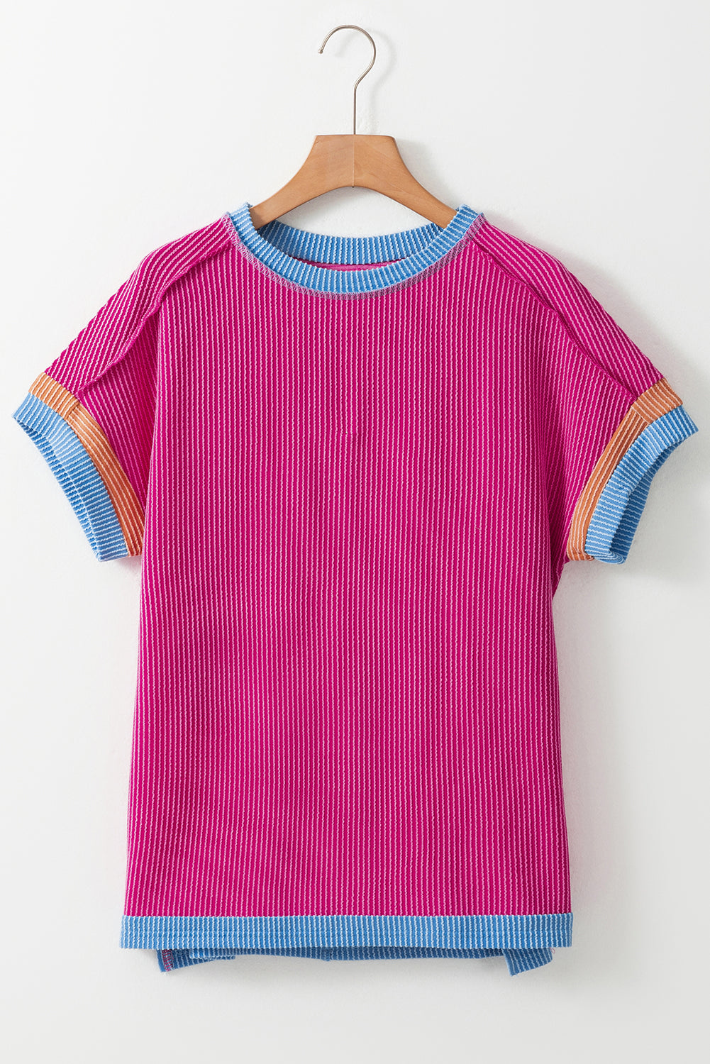 Bright Pink Textured Contrast Color Round Neck T Shirt