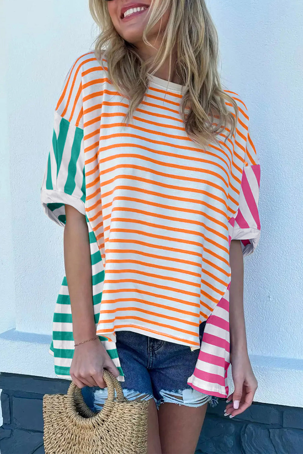 Blue Stripe Patchwork Slits Baggy T Shirt