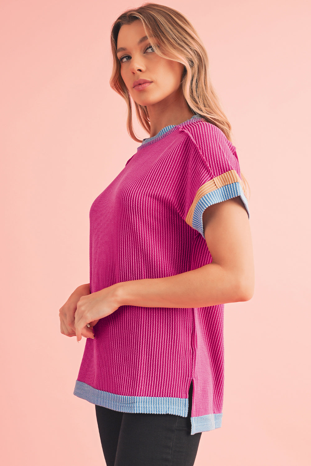 Bright Pink Textured Contrast Color Round Neck T Shirt