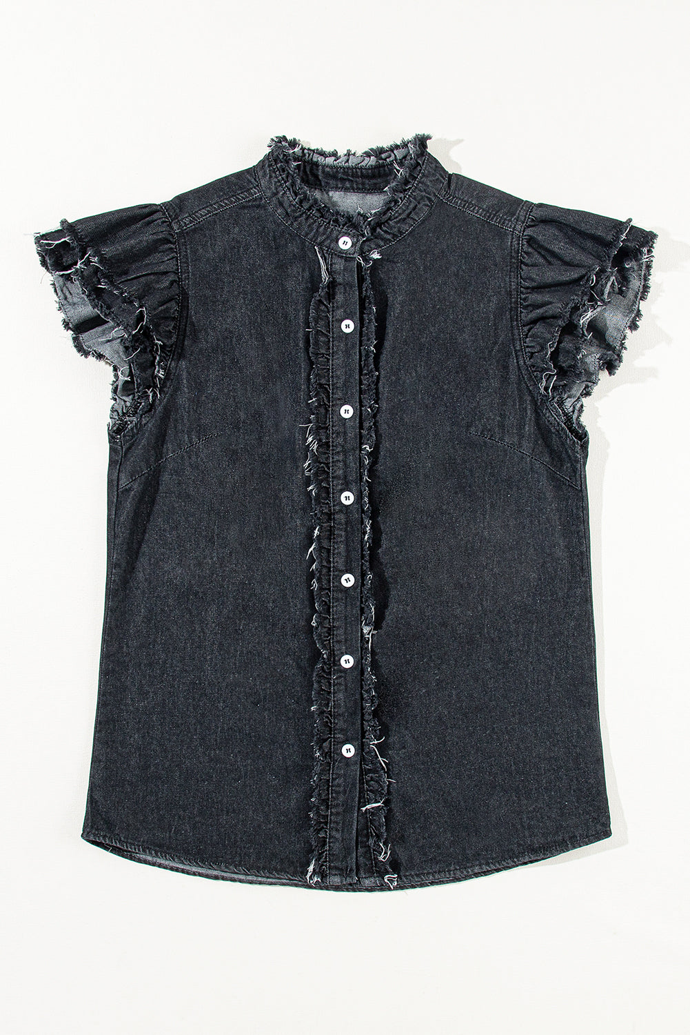 Beau Blue Button Front Ruffled Flutter Frayed Denim Top