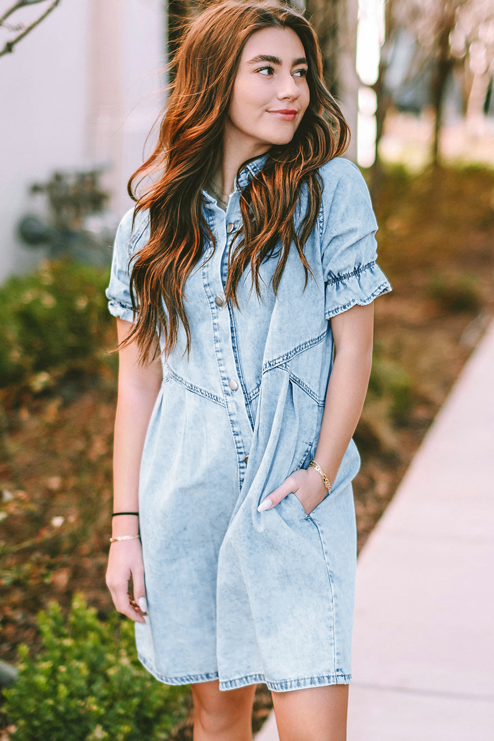 Blue Mineral Washed Ruffled Short Sleeve Pocketed Denim Dress