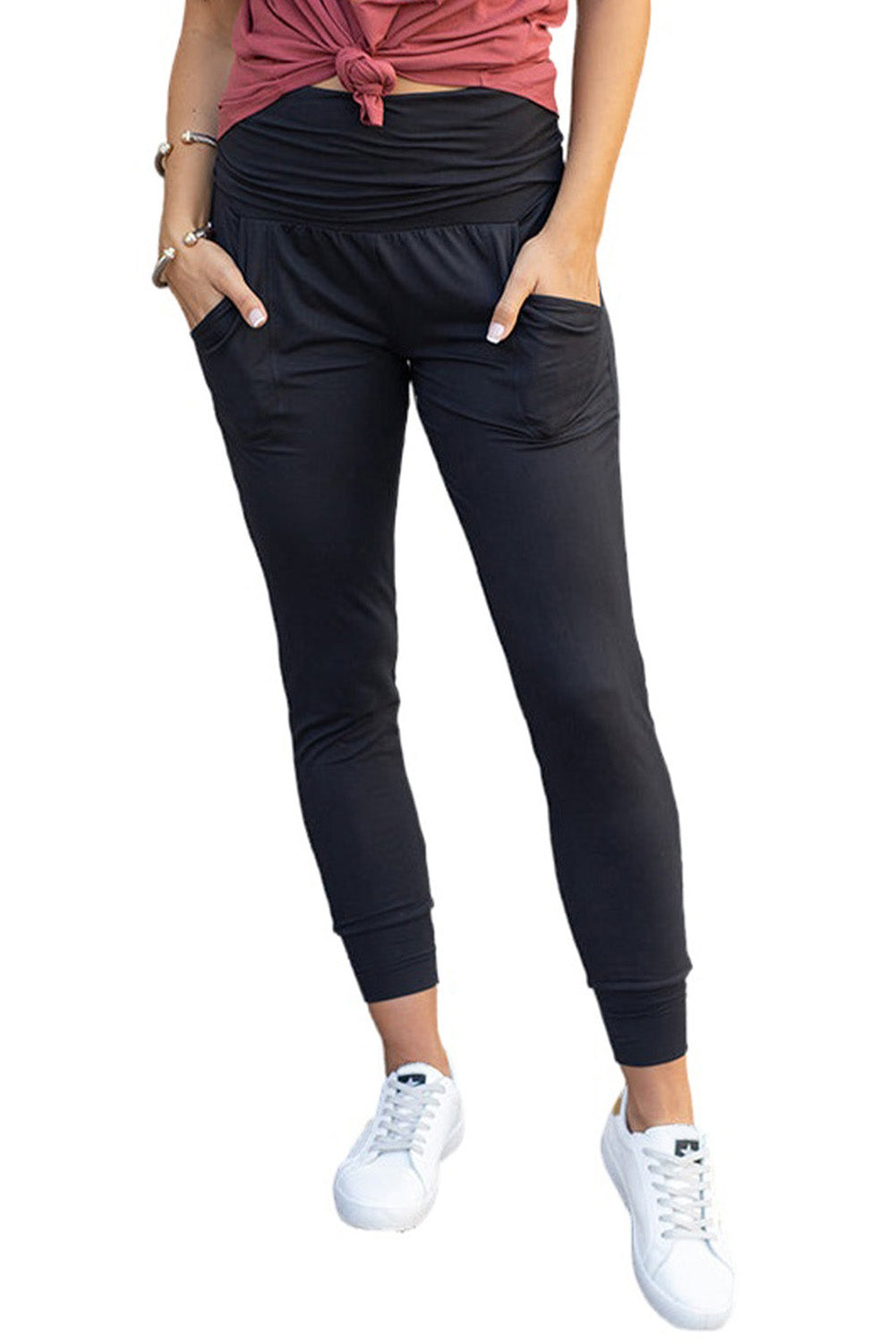 Black Pleated Casual Pocket High Waisted Leggings