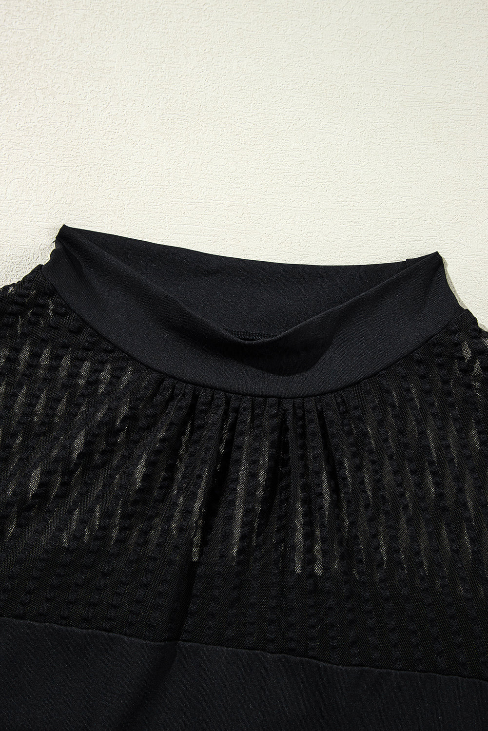 Black Stand Collar Striped Mesh Lantern Sleeve Top