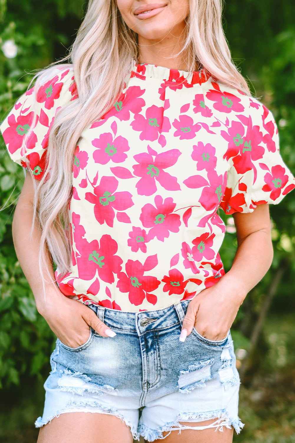 Beige Puff Sleeve Frill Neckline Floral Blouse