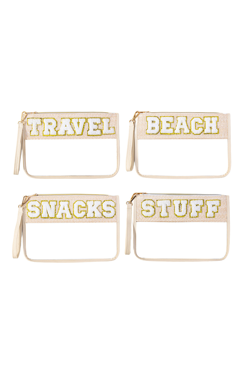 Beige TRAVEL Chenille Embroidered Clear PVC Storage Bag