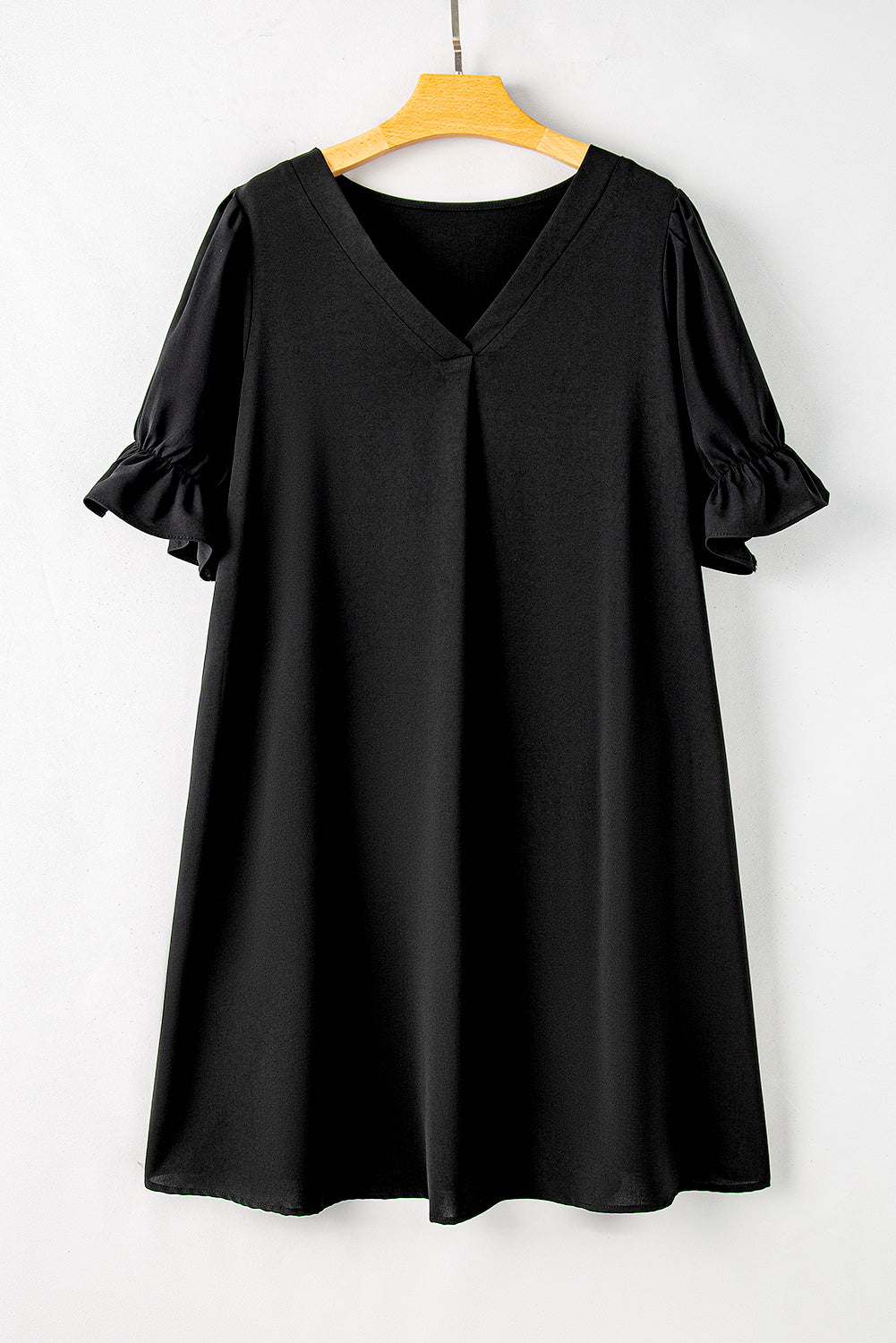 Black Ruffled Puff Sleeve V Neck Plus Size Mini Dress