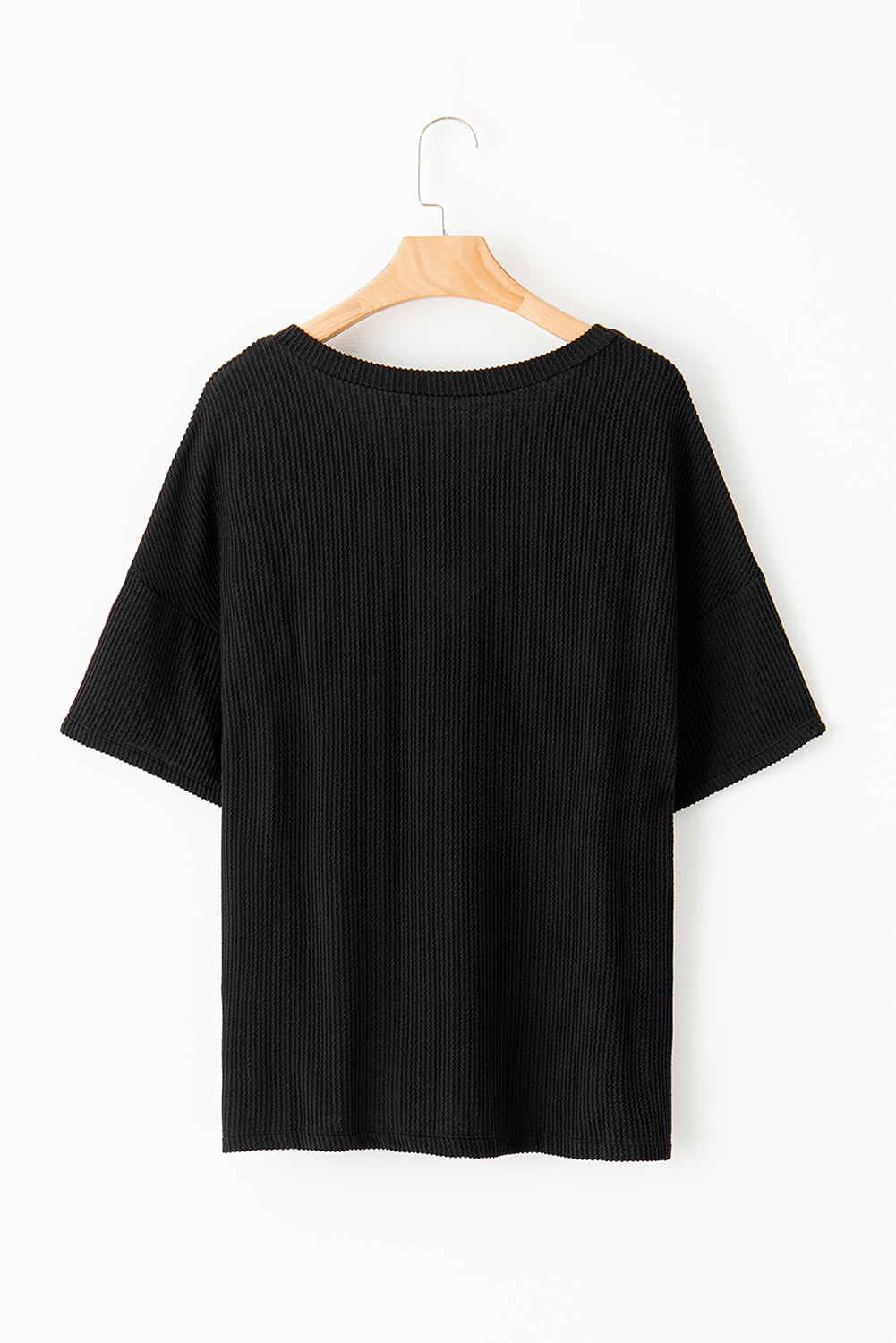 Black Ribbed V Neck Pocket Drop Sleeve T-Shirt