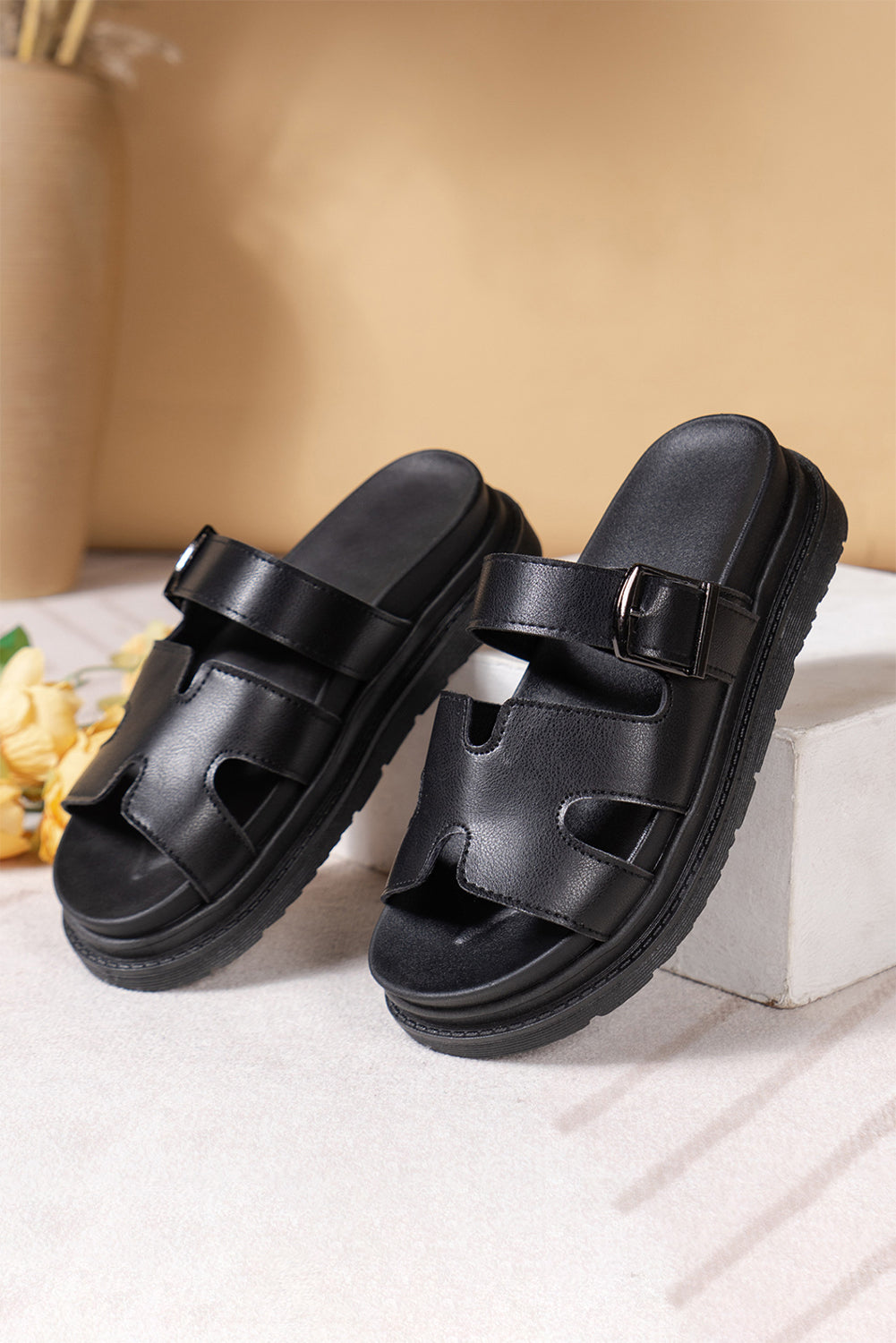 Black Solid Color Leather Buckle Strap Slides Shoes