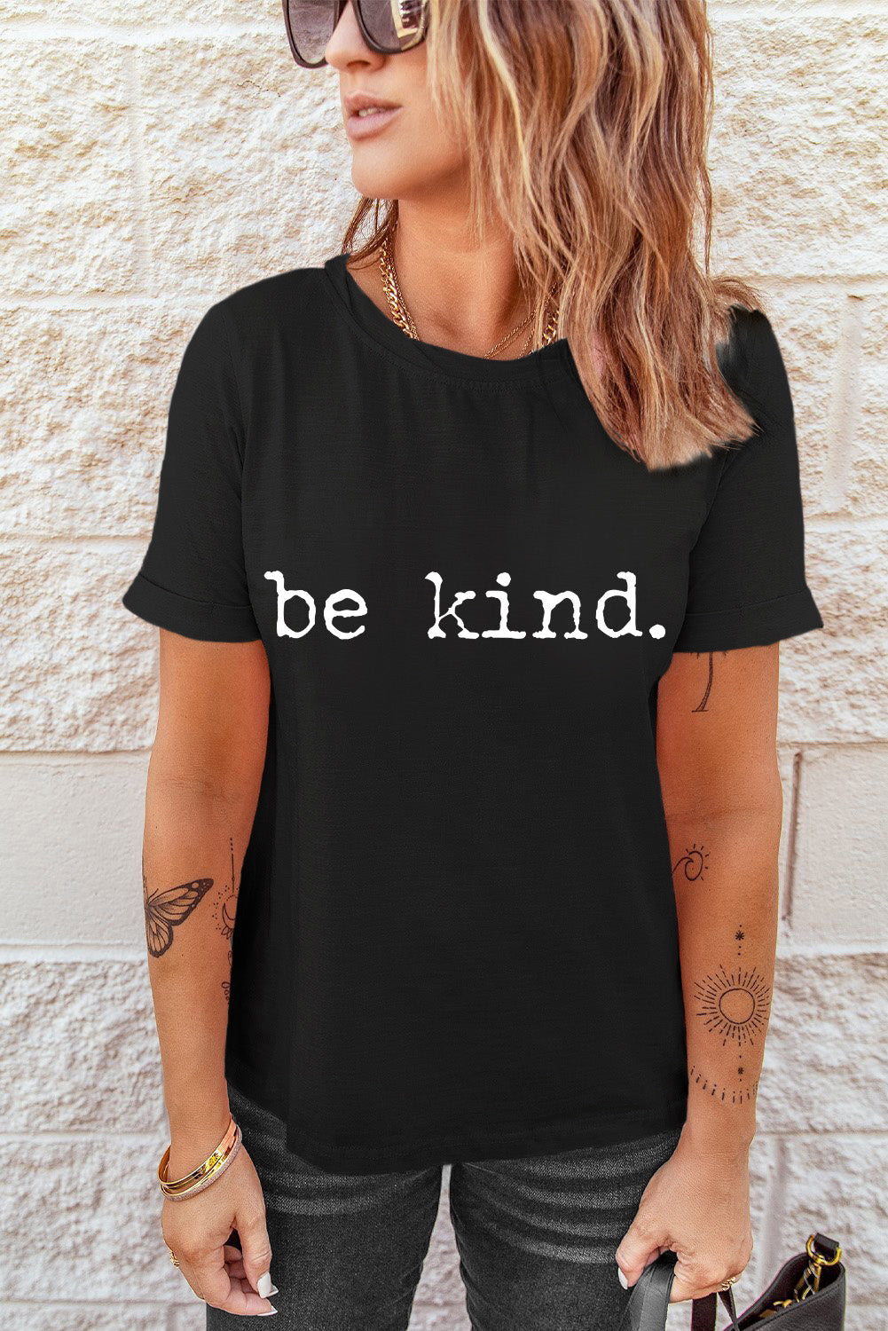 Black Casual be kind Letter Graphic Round Neck T Shirt