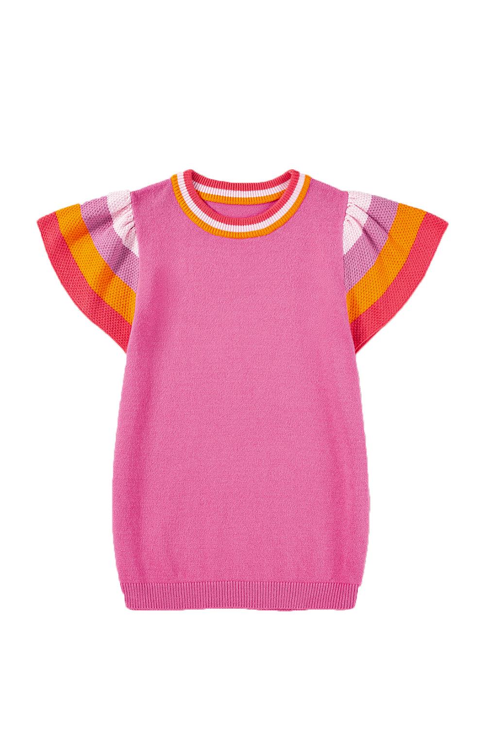 Bright Pink Contrast Sleeve Striped Round Neck Knitted Tee