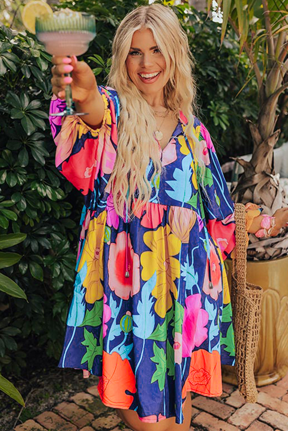 Colorful Floral V Neck Balloon Sleeve Plus Size Babydoll Dress